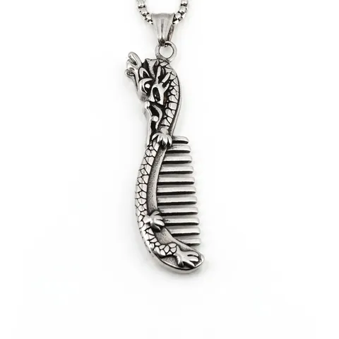 Collar de Colgante de Peine de Acero de Titanio Vintage Dragón Chino Plata Retro Joyería de Peluquero para Hombre Goth Punk