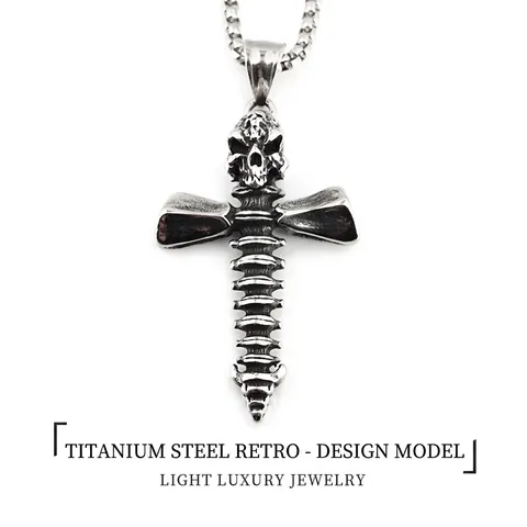 Stainless Steel Gothic Skull Cross Necklace For Men Retro Punk Hip Hop Spine Bone Pendant Necklace Streetwear Jewelry Gift