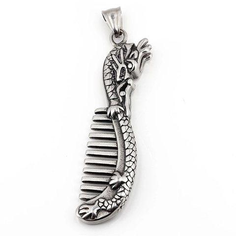 Collar de Colgante de Peine de Acero de Titanio Vintage Dragón Chino Plata Retro Joyería de Peluquero para Hombre Goth Punk