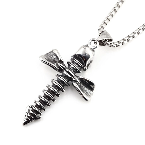 Stainless Steel Gothic Skull Cross Necklace For Men Retro Punk Hip Hop Spine Bone Pendant Necklace Streetwear Jewelry Gift
