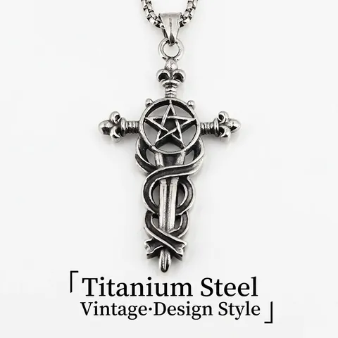 Collier Pendentif Épée Croix Pentagramme Gothique Vintage Pour Hommes En Acier Inoxydable Serpent Enroulé Croix Argent Vieilli Bijoux Hip Hop Punk