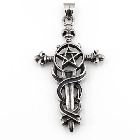 Collier Pendentif Épée Croix Pentagramme Gothique Vintage Pour Hommes En Acier Inoxydable Serpent Enroulé Croix Argent Vieilli Bijoux Hip Hop Punk