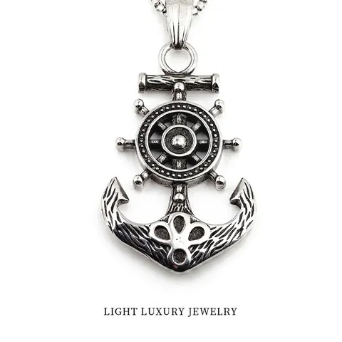 Vintage Pirate Helm Anchor Pendant Necklace For Men Titanium Steel Antique Silver Nautical Ship Wheel Jewelry