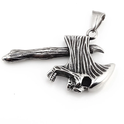 Rétro Collier avec Pendentif Hache de Crâne en Acier Titane pour Hommes Style Punk Gothique Argent Vintage Bijoux Hip Hop