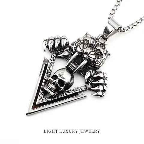 Collar con Colgante de Triángulo de Calavera y Cabeza de Tigre de Acero Inoxidable Vintage Joyería de Motociclista Punk Gótica para Hombre Plata Antigua