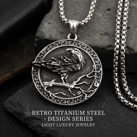 Retro Viking Raven Relief Round Pendant Titanium Steel Necklace For Men Nordic Norse Mythology Crow Tree Branch Gothic Jewelry