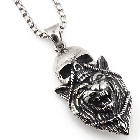 Collar con Colgante de Cabeza de Lobo y Calavera de Acero Inoxidable Vintage Gótico Punk Hip Hop Joyería para Hombre Halloween