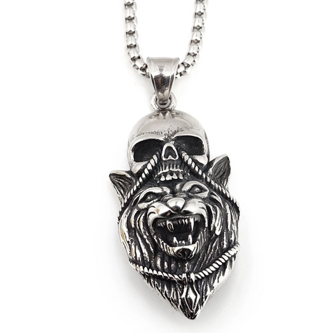 Collar con Colgante de Cabeza de Lobo y Calavera de Acero Inoxidable Vintage Gótico Punk Hip Hop Joyería para Hombre Halloween