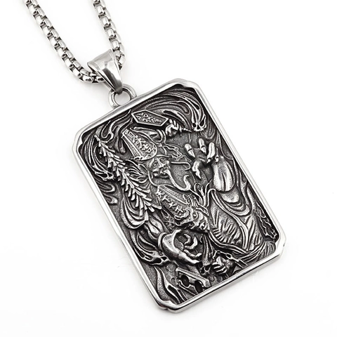 Herren Retro Titanstahl Relief Gottheit Anhänger Halskette Chinesische Mythische Figuren Rechteckige Medaille Schmuck Mit Boxkette