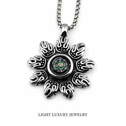 Vintage Titanium Steel Compass Pendant Necklace For Men Women Hip Hop Distressed Sunburst Flame Functional Compass Jewelry No Chain Or With Box Chain