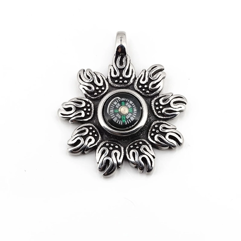 Vintage Titanium Steel Compass Pendant Necklace For Men Women Hip Hop Distressed Sunburst Flame Functional Compass Jewelry No Chain Or With Box Chain