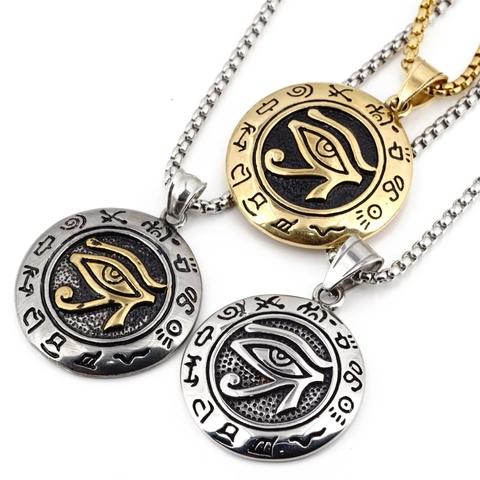 Collier Pendentif en Acier au Titane Œil d'Oudjat Vintage Hiéroglyphes Égyptiens Medaillon Rond Bijoux Hip Hop Hommes Femmes