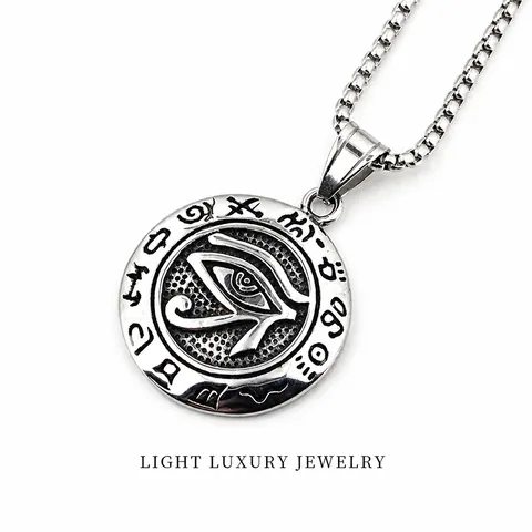 Collier Pendentif en Acier au Titane Œil d'Oudjat Vintage Hiéroglyphes Égyptiens Medaillon Rond Bijoux Hip Hop Hommes Femmes