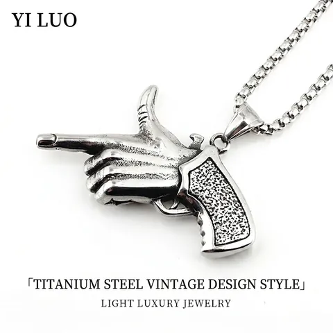 Collar Con Colgante de Gesto de Pistola de Acero de Titanio Vintage para Hombre Joyería Punk Hip Hop Collar Plata Retro