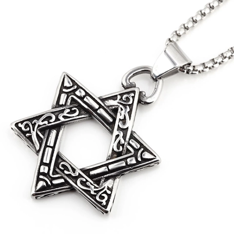 Retro Titanium Steel Star Of David Pendant Necklace For Men Vintage Carved Hexagram Geometric Scroll Pattern Gothic Jewelry