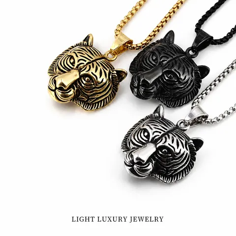 Vintage Titanstahl Tigerkopf Anhänger Halskette Für Herren Hip Hop Stil Retro Tier Schmuck Gold Silber Schwarz Accessoires