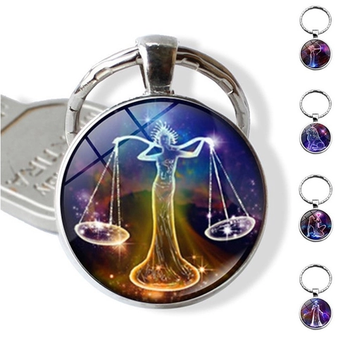 Sternzeichen Konstellation Zeit Edelstein Schlüsselanhänger Zinklegierung Glaskuppel Schlüsselring Für Geburtstagsgeschenk Tasche Anhänger