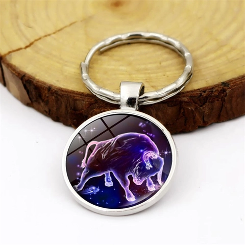 Sternzeichen Konstellation Zeit Edelstein Schlüsselanhänger Zinklegierung Glaskuppel Schlüsselring Für Geburtstagsgeschenk Tasche Anhänger