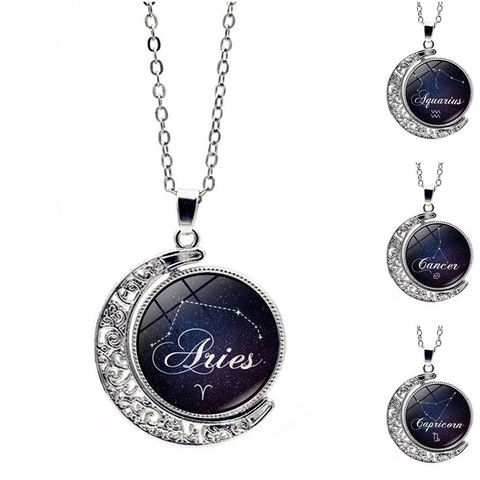 Collar con Colgante de Luna de 12 Constelaciones Giratorio de 360 Grados Doble Cara Cielo Estrellado Aleación Vidrio Joyería Regalo Mujer Hombre