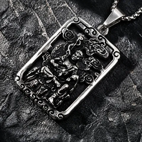 Vintage Stainless Steel Buddha Pendant Necklace Distressed Religious Guardian Deity Rectangular Hollow Jewelry For Men