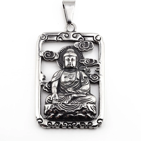 Vintage Stainless Steel Buddha Pendant Necklace Distressed Religious Guardian Deity Rectangular Hollow Jewelry For Men