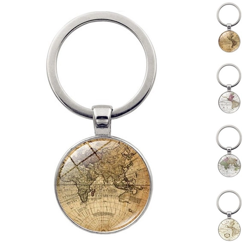 Vintage Weltkarte Schlüsselanhänger Glas Cabochon Rund Zinklegierung Retro Geografisch Schlüsselring Ornament Für Damen Herren Reise Geschenk
