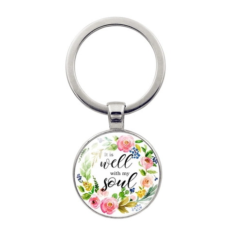 Vintage Inspirierende Zitate Zinklegierung Schlüsselanhänger Blumenmuster Rund Glas Cabochon Religiöses Geschenk Schlüsselring Damen Herren