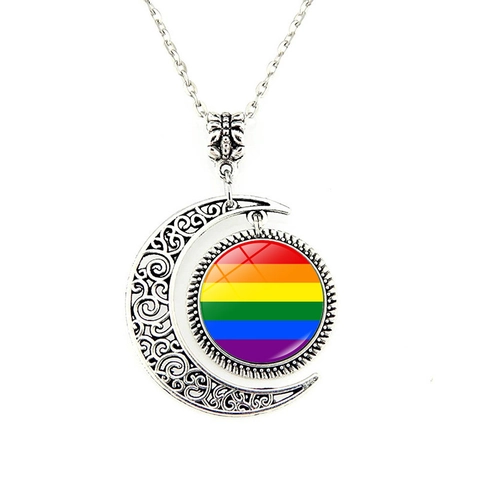 Vintage Silver Hollow Moon Pendant Necklace Rainbow LGBTQ Pride Time Gem Glass Cabochon Boho Jewelry For Men Women