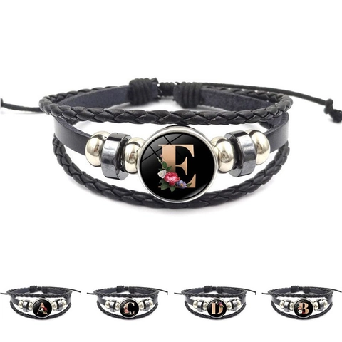 Vintage Punk Meerlaagse Gevlochten Kunstleer Armband Voor Heren Dames Retro Beginletter Bloemen Glas Cabochon Handgeweven Sieraden Verstelbaar Cadeau