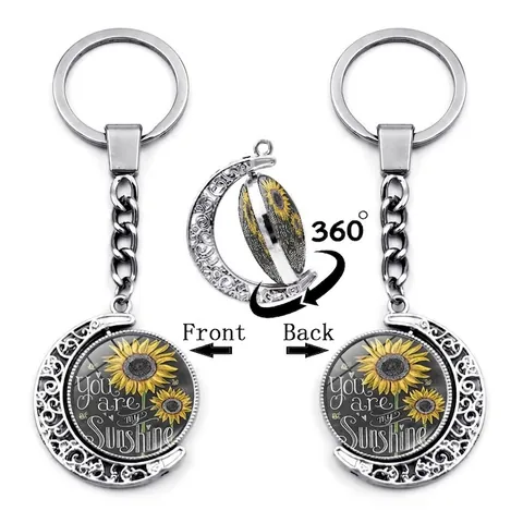 Portachiavi Rotante Mezzaluna Girasole Pendente in Lega e Vetro You Are My Sunshine Regalo Ispiratore Donna