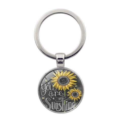Porte-clés en Métal Cabochon en Verre Rond Tournesol Citation Inspirante You Are My Sunshine Motif Abeille Cadeau Vintage