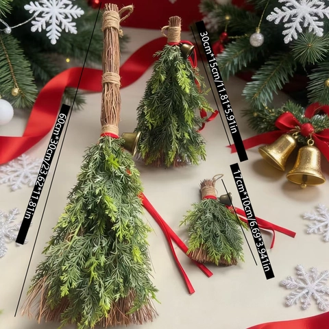 Christmas Halloween Decorative Broom Ornament Natural Grass Simulation Pine Needle With Bell For Home Party Holiday Decor