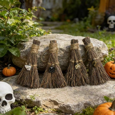 Handmade Witch Broom Decoration With Natural Crystal Raw Stone Pendant Halloween Mini Broom Hanging Ornament For Car Keychain