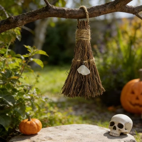 Handmade Witch Broom Decoration With Natural Crystal Raw Stone Pendant Halloween Mini Broom Hanging Ornament For Car Keychain