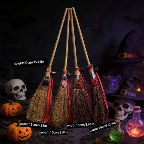 Halloween Hexenbesen Bambusgriff Naturzweig Miscanthus Faser Band Blume Glocke Dekorative Requisite Zauberer Zubehör