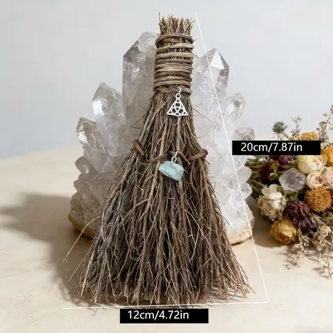 Handmade Miniature Witch Broom With Natural Crystal Metal Charm Vintage Besom Altar Decor Mystical Halloween Hanging Ornament Pagan Ritual Prop