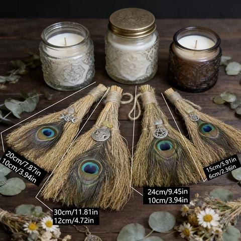 Handmade Witch Broom Altar Decor With Natural Straw Peacock Feather Metal Pendant Crystal For Halloween Christmas Home Hanging Ornament