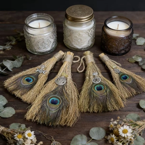 Handmade Witch Broom Altar Decor With Natural Straw Peacock Feather Metal Pendant Crystal For Halloween Christmas Home Hanging Ornament