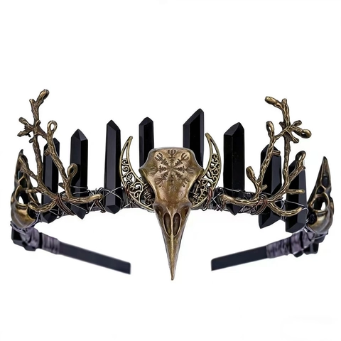 Handgemaakte Gothische Viking Natuurlijk Kristal Kroon Haarband Brons Vogelschedel Tak Wicca Tiara Halloween Party Haaraccessoires