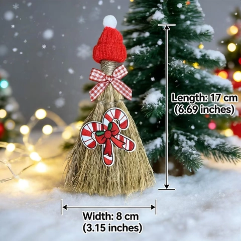Kerst Mini Decoratieve Bezems Set Natuurlijk Stro Handgemaakte Hangende Ornament Met Gebreide Muts Strik Voor Huis Feest Decoratie