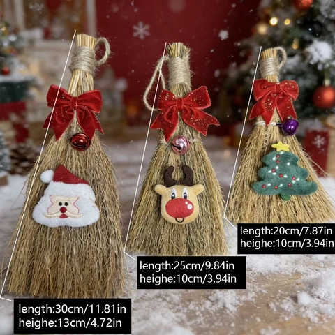 Mini Scopa di Paglia Decorativa di Natale Con Fiocco Rosso in Raso Babbo Natale Renna Albero per Festa Natalizia Casa Decor