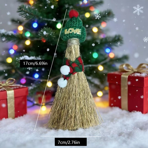 Mini Scopa di Natale Fatta a Mano Ornamento da Appendere in Paglia Naturale Con Cappello e Sciarpa a Maglia per Decorazione Albero di Natale Casa