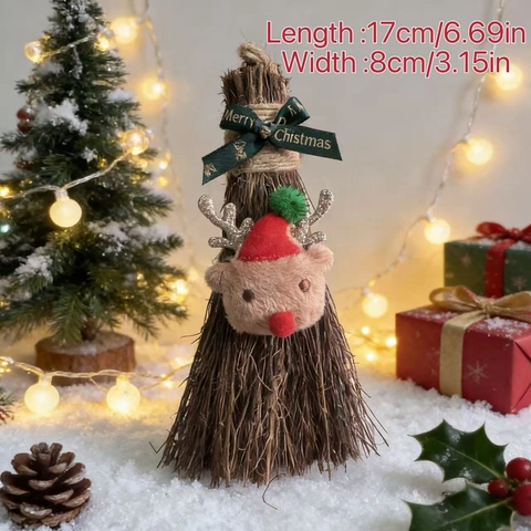 Mini Ornamento Scopa di Natale Decorazione Sospesa in Paglia Naturale Con Peluche Babbo Natale Renna per Albero di Natale Casa Festa Decorazione