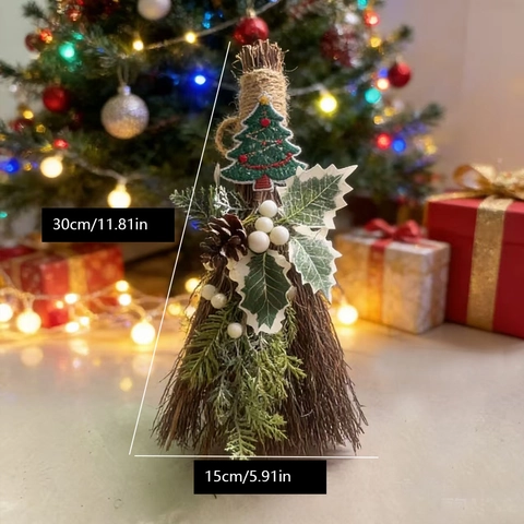 Handmade Christmas Decorative Broom Ornament With Pine Cones Berries And Embroidered Patch Natural Wood Twig Festive Home Decoration