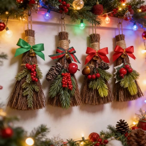 Mini Escoba de Paja Navideña Hecha a Mano Decoración Con Lazo Campana Piña Adorno Colgante Rústico para Árbol de Navidad