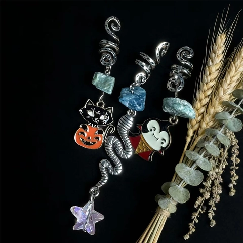 Handmade Natural Crystal Dreadlock Jewelry Halloween Spiral Hair Rings With Bat Skull Pumpkin Charms For Women Gift