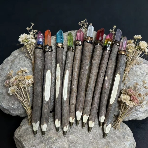 Penna a Sfera in Legno con Cristallo Naturale Fatta a Mano Pietra Curativa Penna da Scrittura di Ramo Cancelleria Mistica Ufficio Scuola Regalo Artigianale