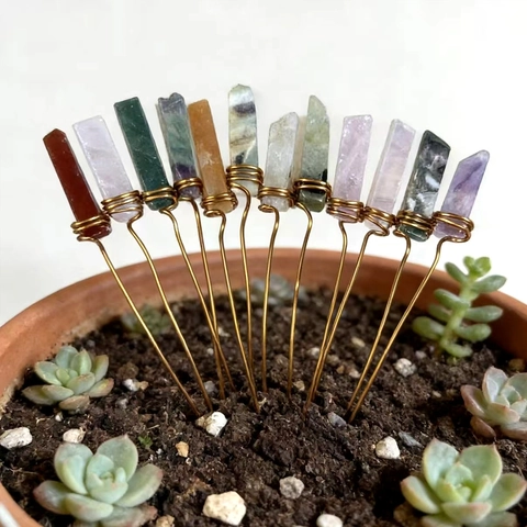 Paletto per Piante Avvolto in Filo di Pietra di Cristallo Naturale Fatto a Mano Stile Boho Forcina Decorativa per Casa Giardino
