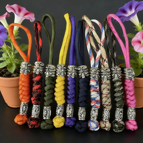 Handmade Paracord Keychain With Spartan Viking Mask Bead Antique Silver Alloy Rune Charm Braided Lanyard Bag Pendant