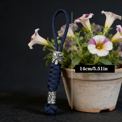 Handmade Paracord Keychain With Spartan Viking Mask Bead Antique Silver Alloy Rune Charm Braided Lanyard Bag Pendant
